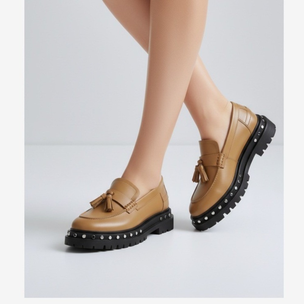 Free People Womens Studded Lug Sole Tassel Loafers Tan Leather 7.5 0004451533
